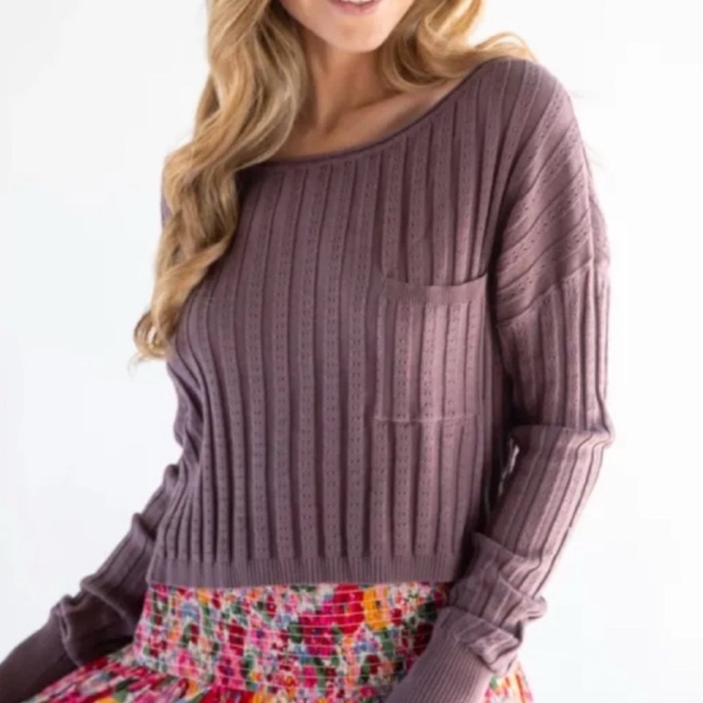 NATURAL LIFE Mauve Pointelle Ribbed Crewneck Sweater